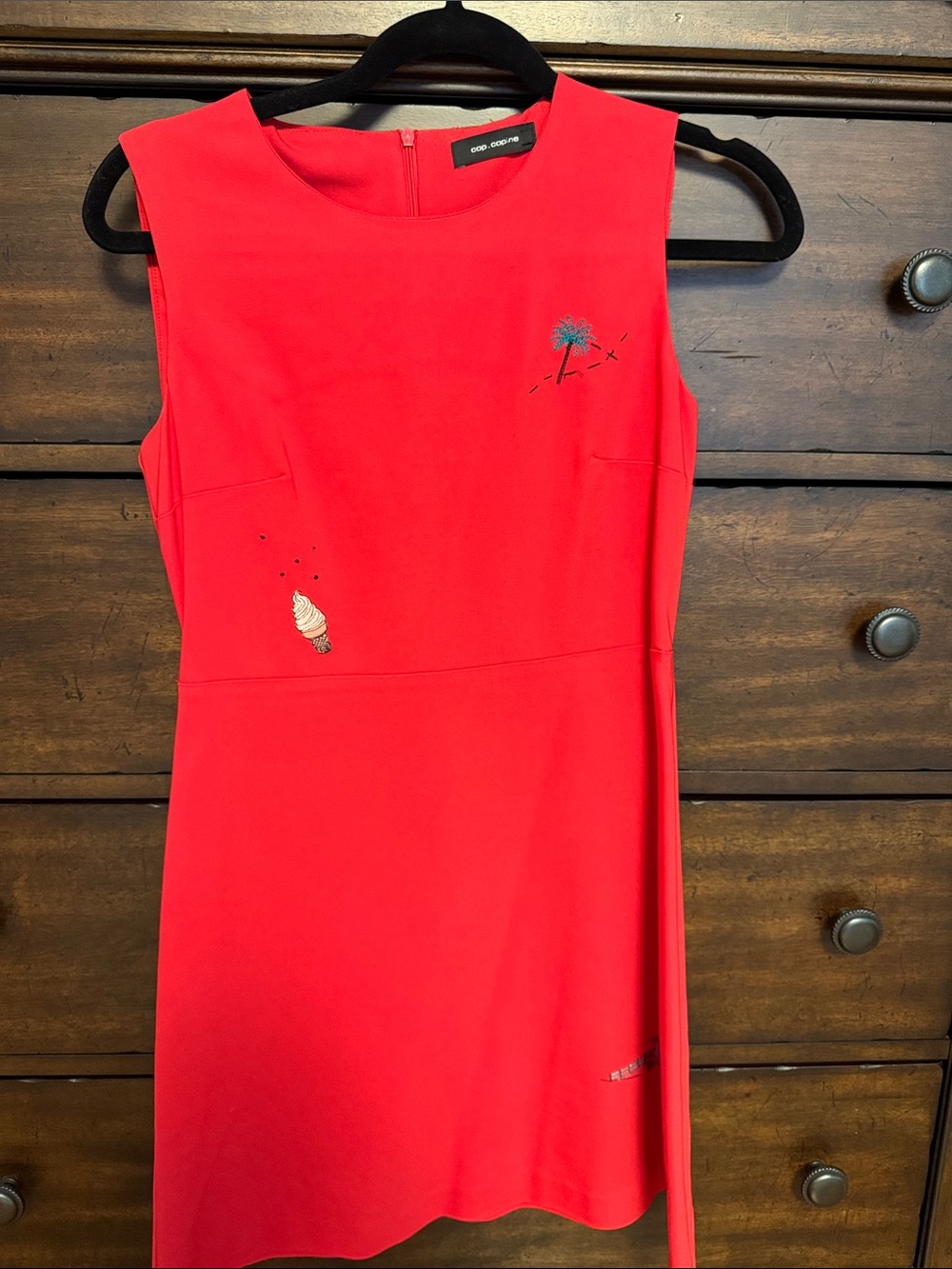 Cop . Copine Red Sleeveless Mini Dress with Embroidered Motifs